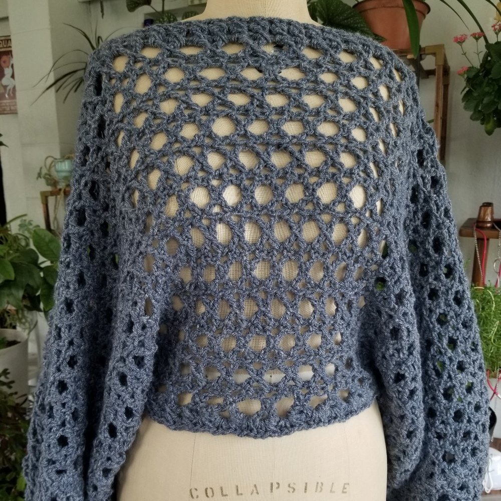 Crochet BIG BALLOON SLEEVE Sweater Handmade OS Faded Denim Jean